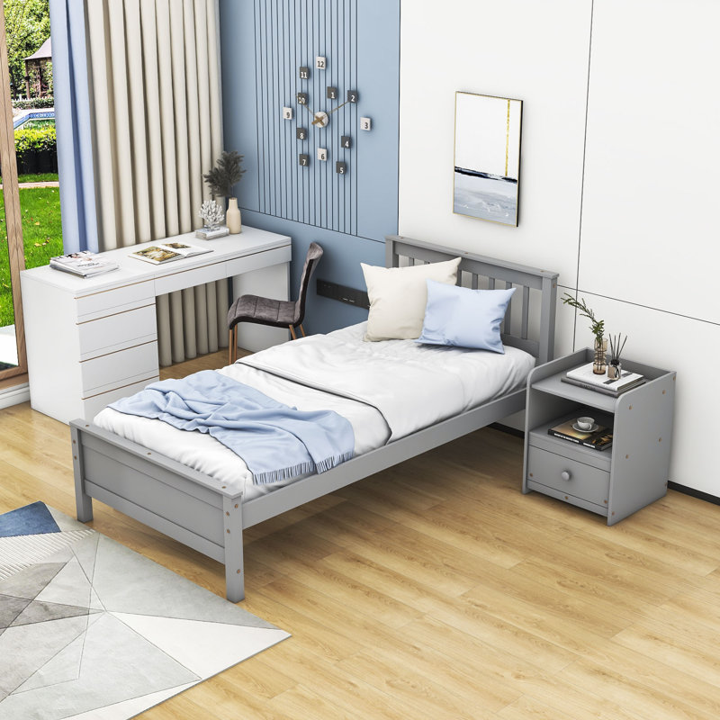 Ebern Designs Wooden Platform Bed Frame With Nightstand Wayfair